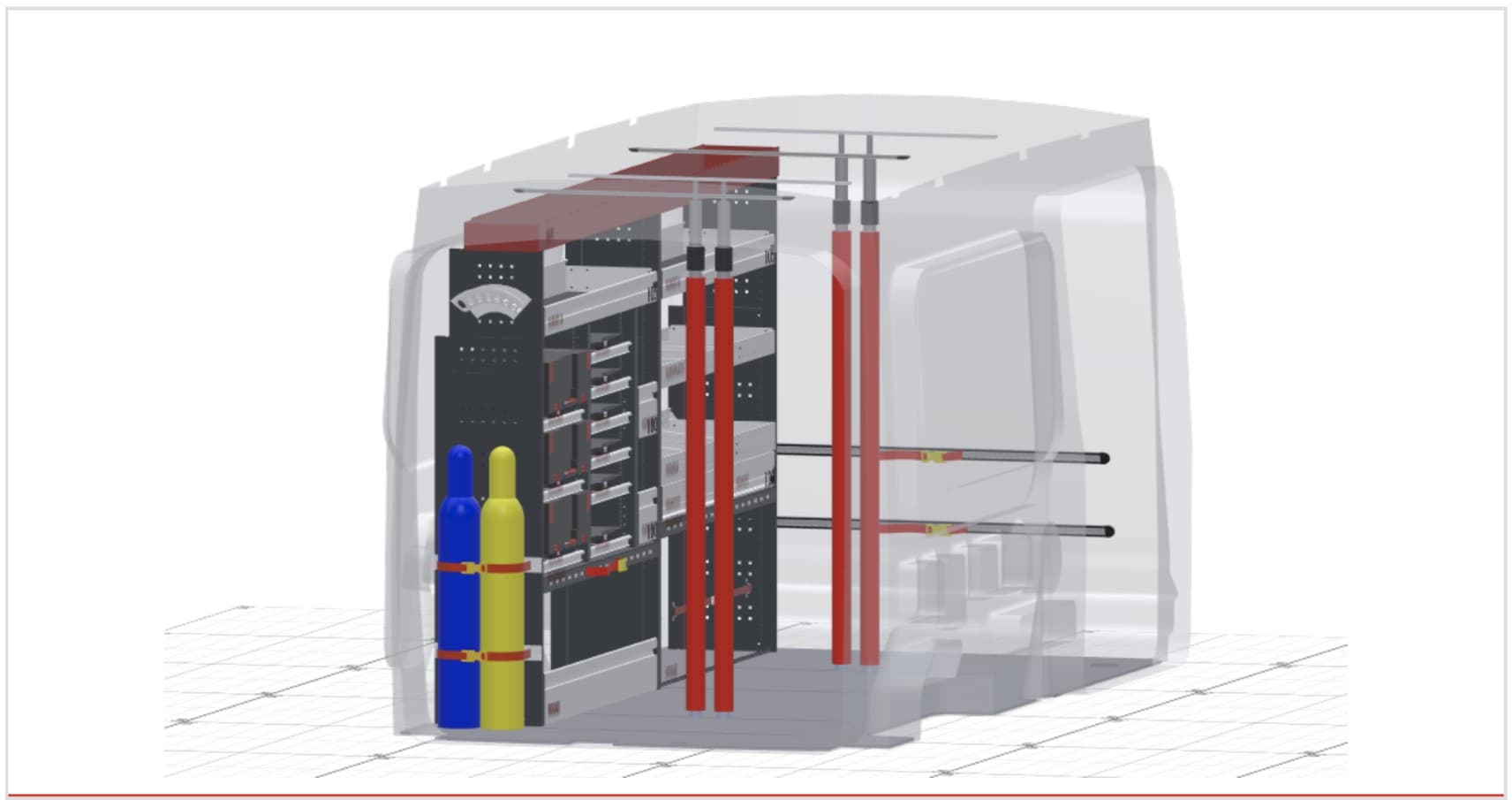 3D-Ansicht des Laderaums eines Transporters mit Regalen, Koffern und roten Haltestangen.