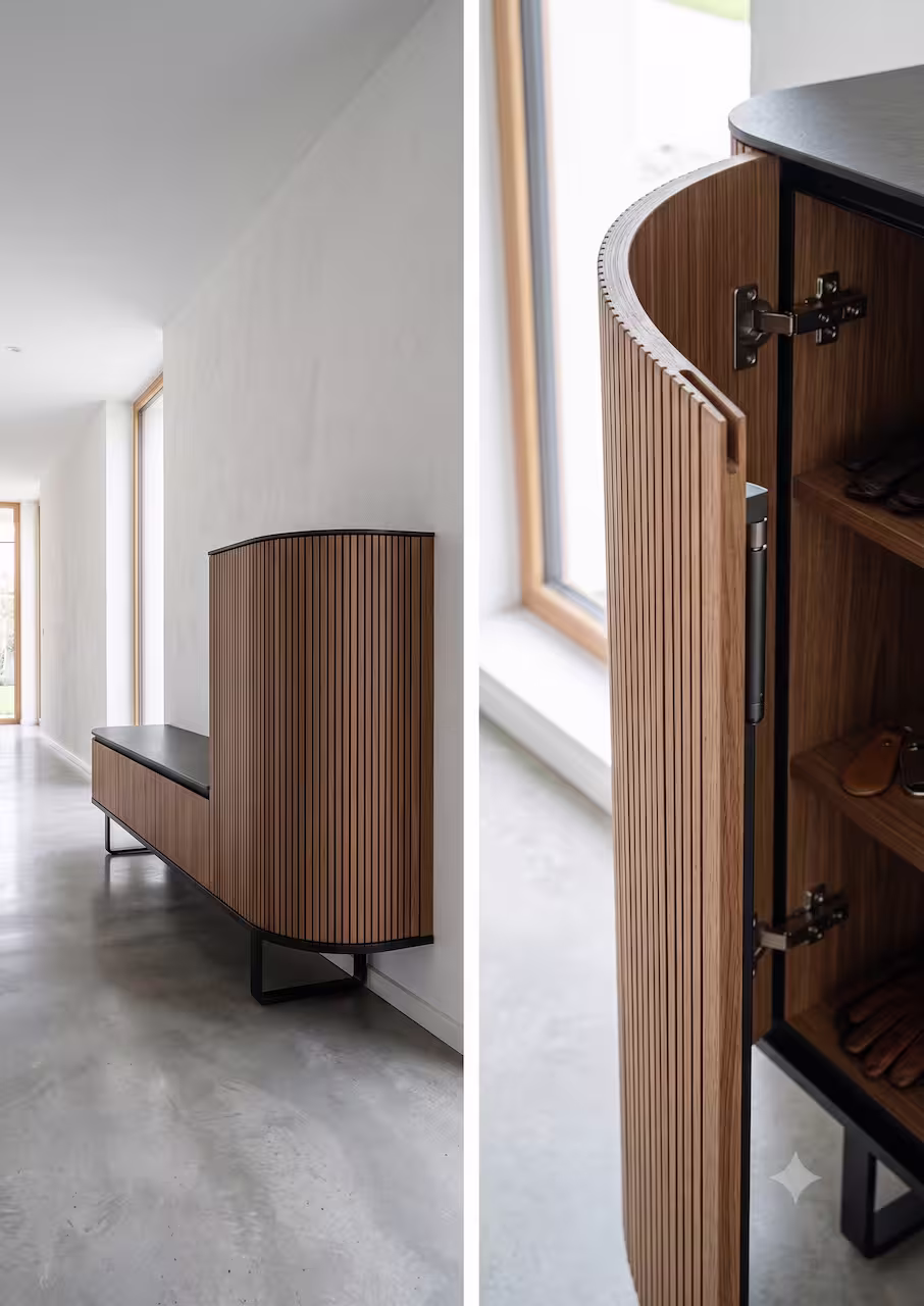 KI-generiertes Symbolbild: Dielenschrank mit gebogener Lamellenfront im Flur, daneben Detail der geöffneten Tür.