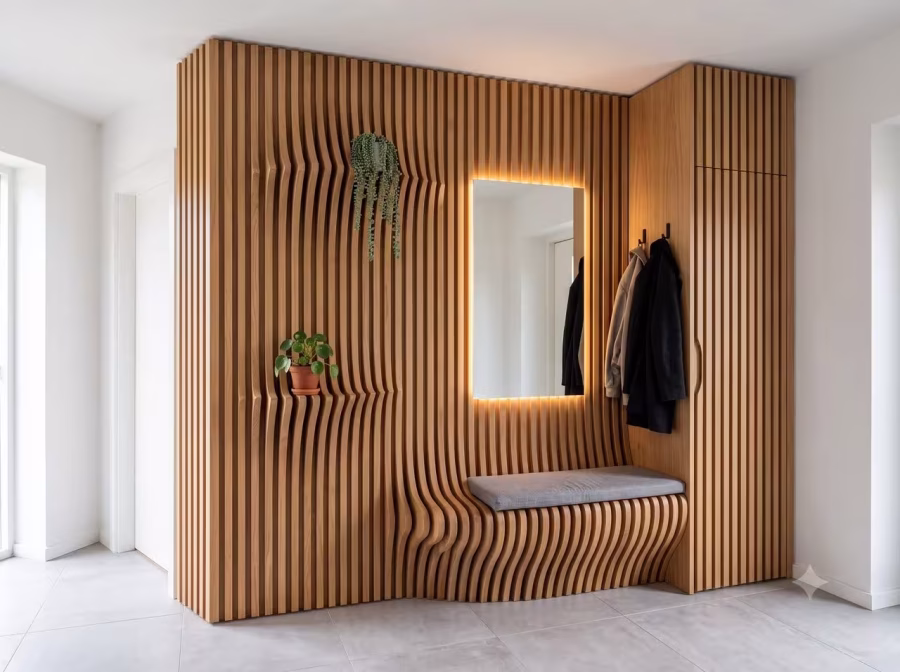 KI-generiertes Symbolbild: Flurgarderobe mit Wand aus Holzlamellen, beleuchtetem Spiegel, Sitzbank und Jacken.